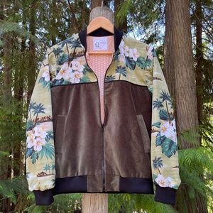 Hawaiian Print Velour Bomber Jacket